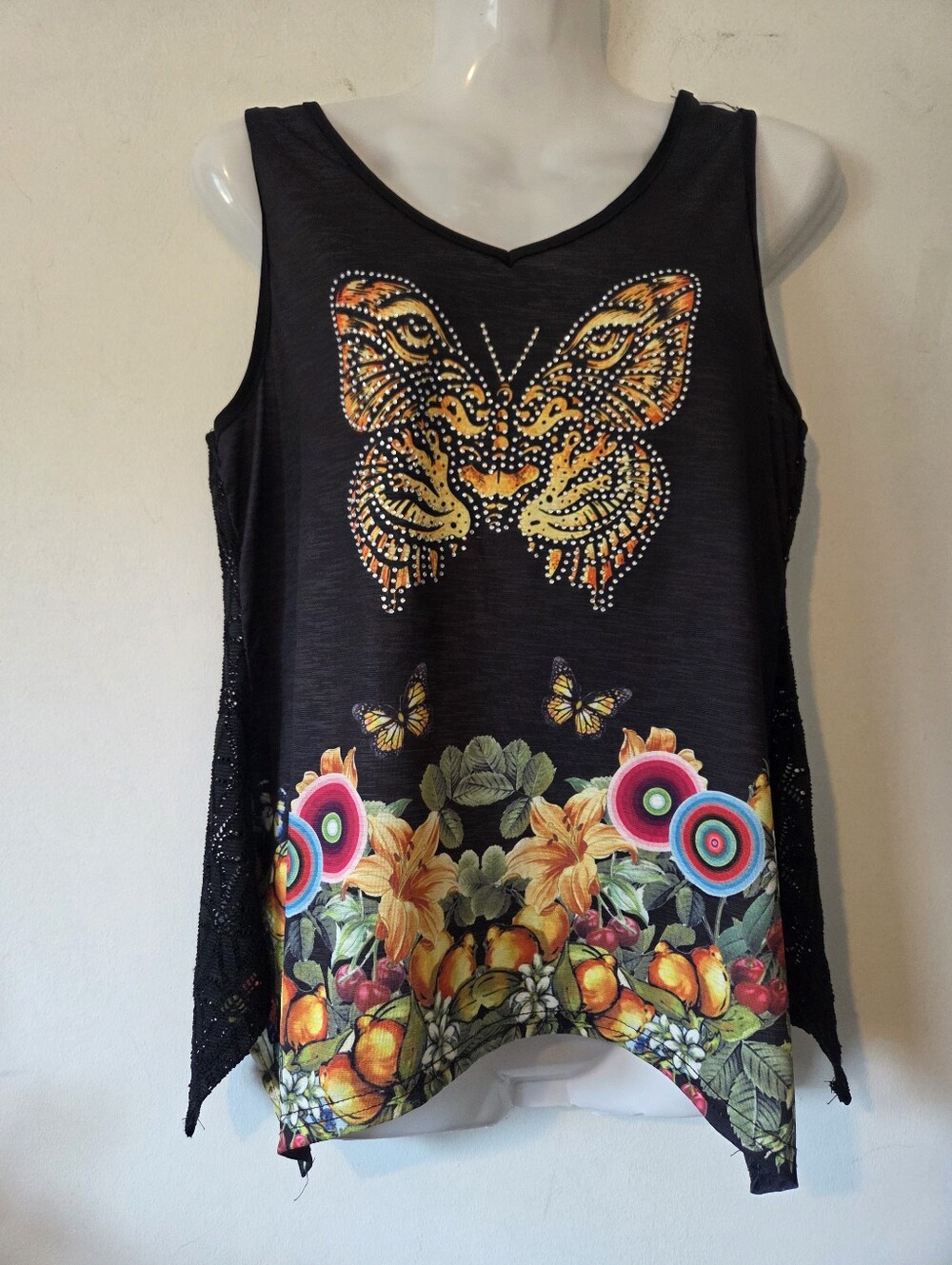 JVINI Butterfly & Floral Print Top with Rhinestone Accents